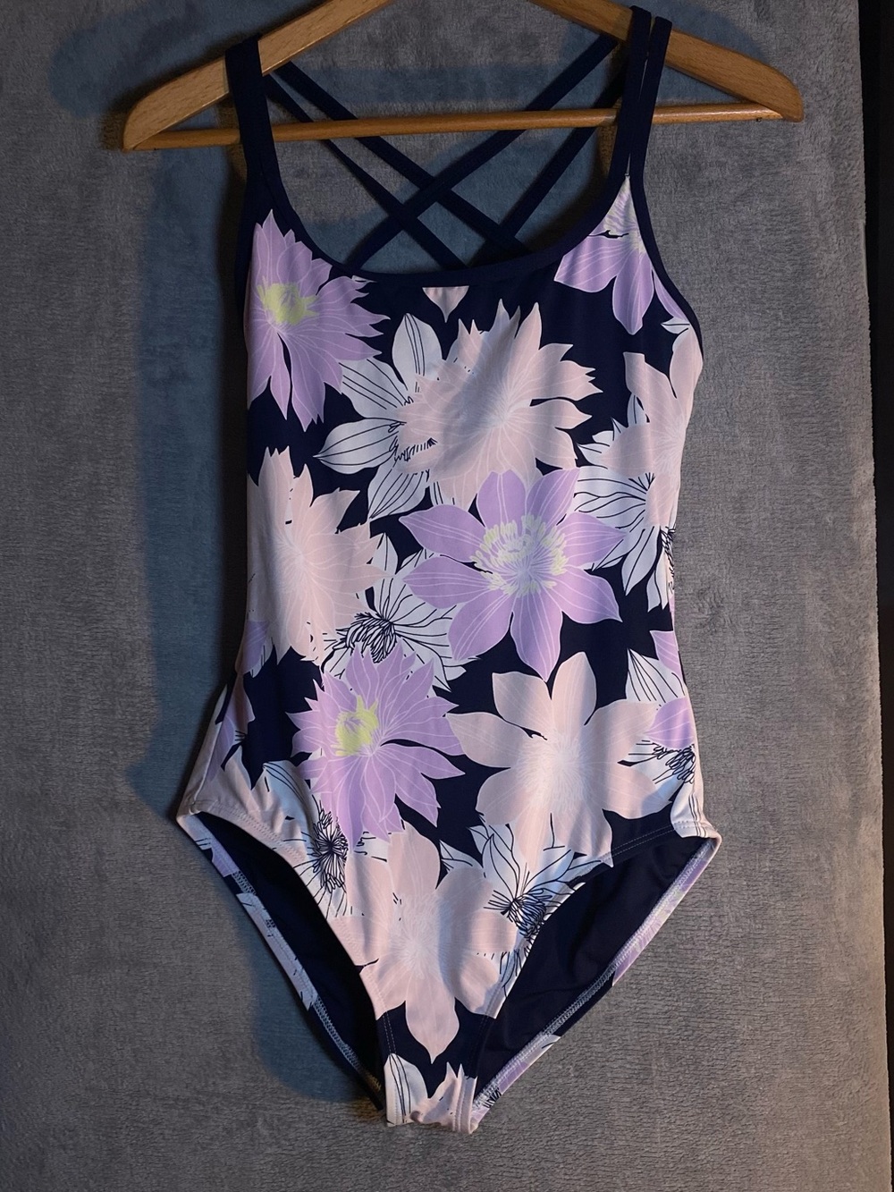 Carve Designs Large Navy One-Piece Swimsuit with Pink & Lavender Floral Print
